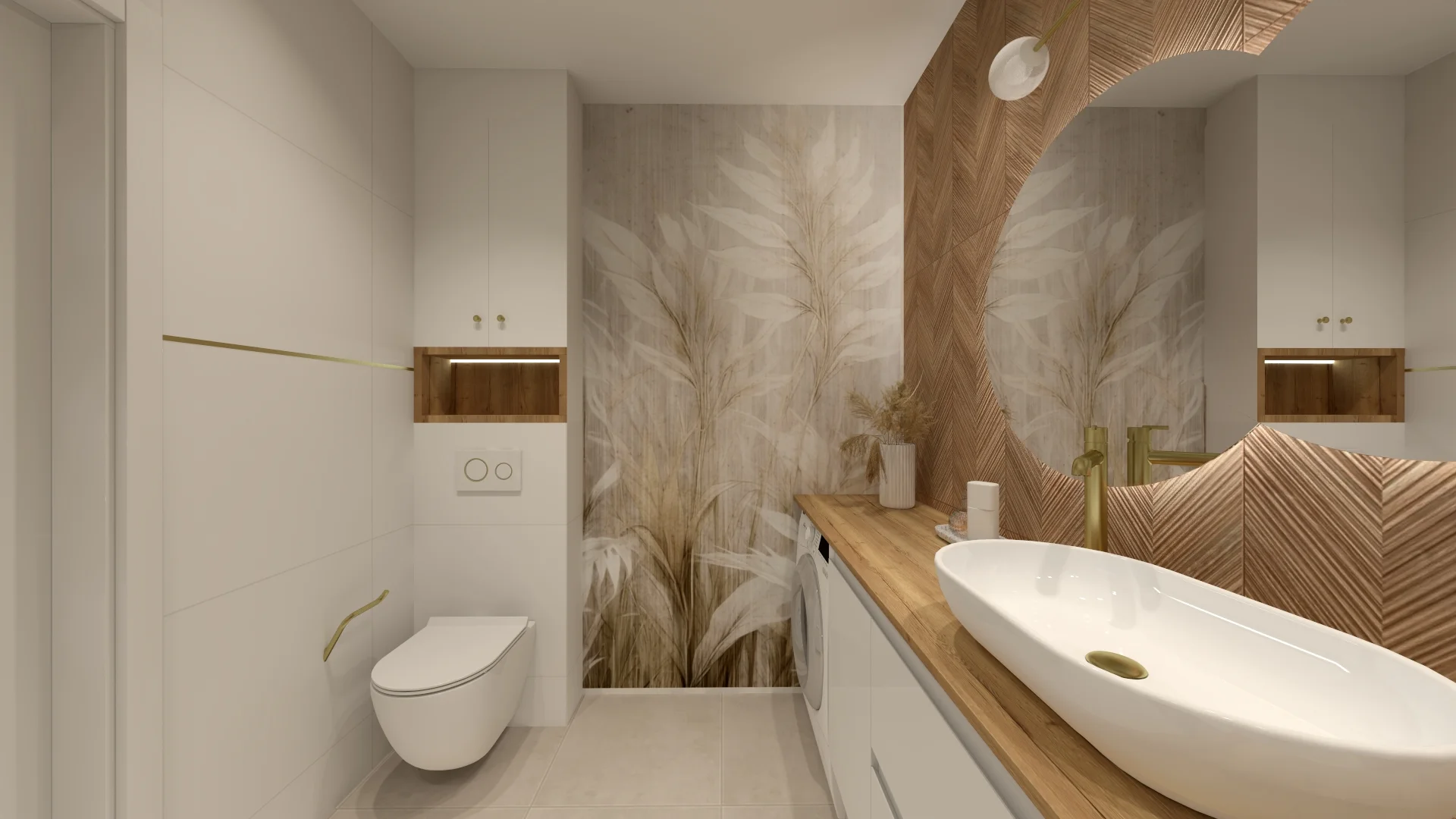 Boho Warm Organic — Trawy Pampasowe i Dąb — realizacja łazienki, projektantka wnętrz Ewelina Żukowska, Mazury