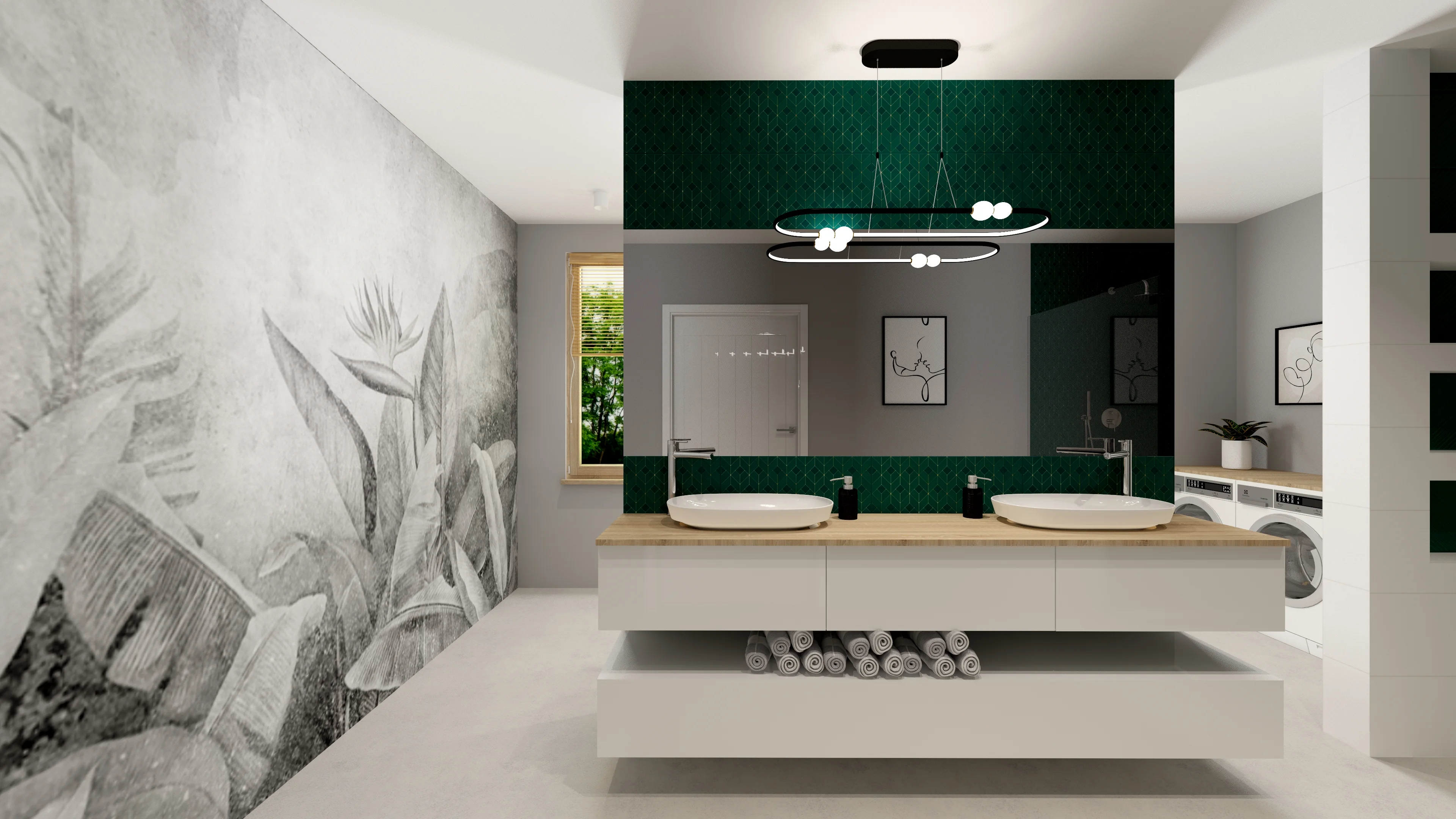 Emerald Botanical — Szmaragd i Dąb — realizacja łazienki, projektantka wnętrz Ewelina Żukowska, Mazury