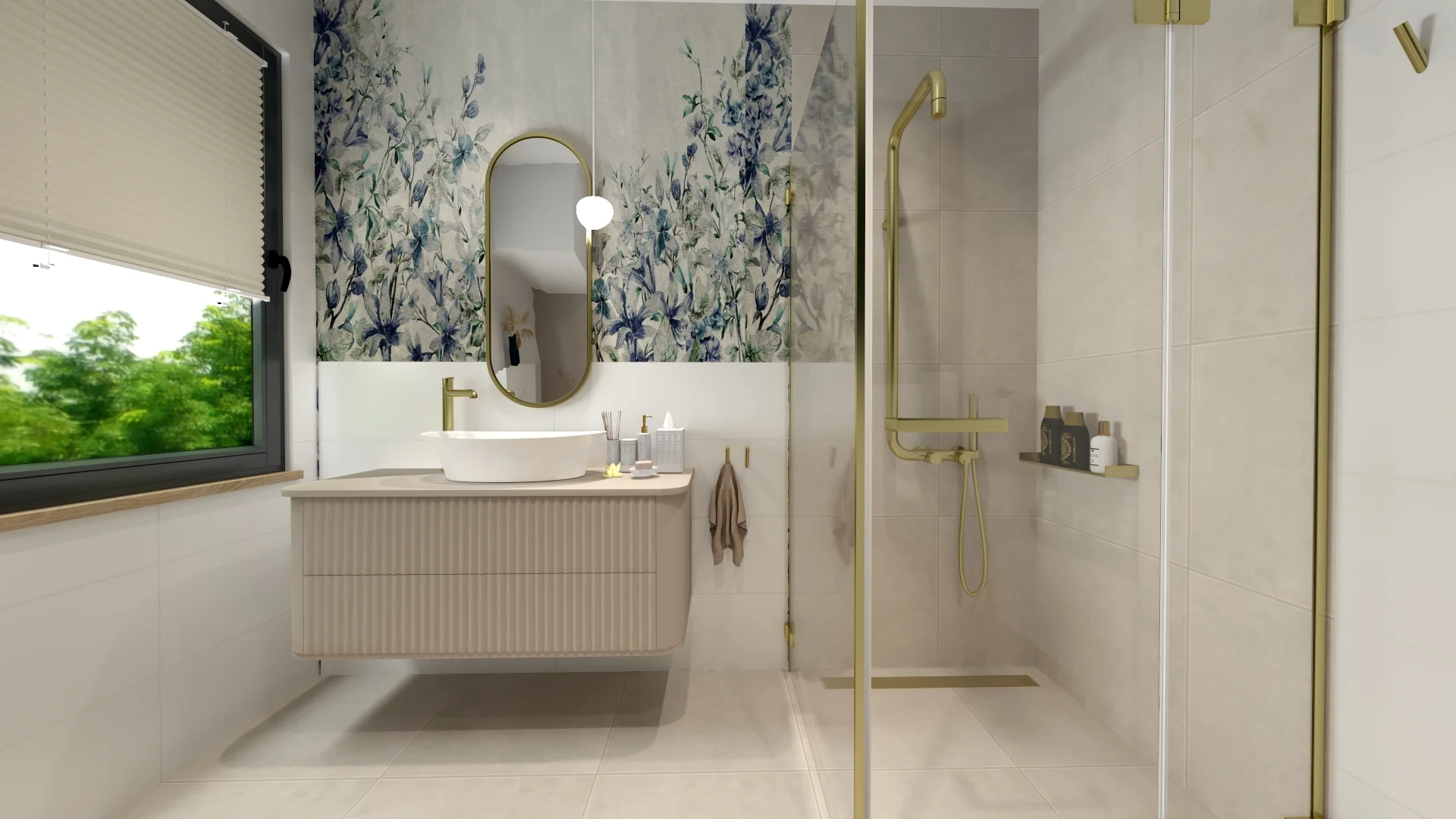 Floral Glam — Irysy i Złoto — realizacja łazienki, projektantka wnętrz Ewelina Żukowska, Mazury