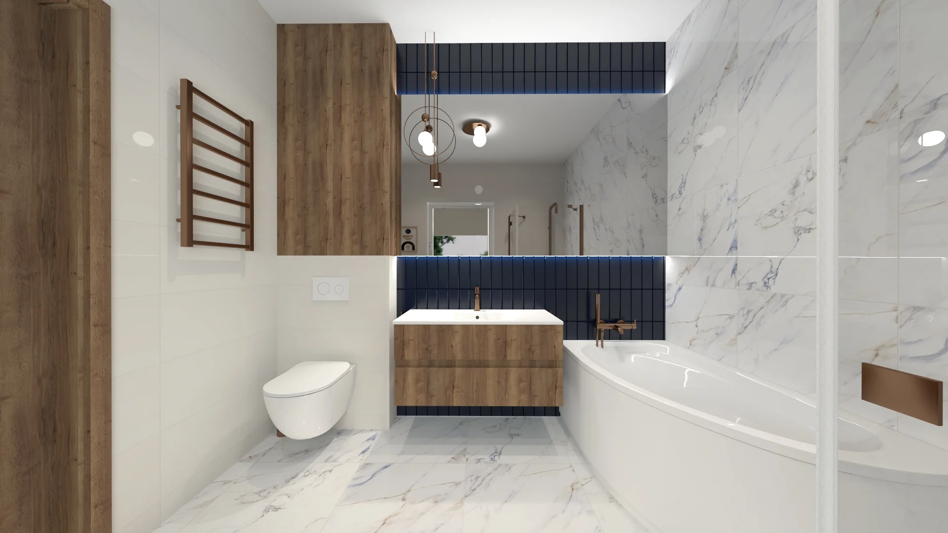Navy Copper Luxe — Marmur Calacatta i Miedź — realizacja łazienki, projektantka wnętrz Ewelina Żukowska, Mazury